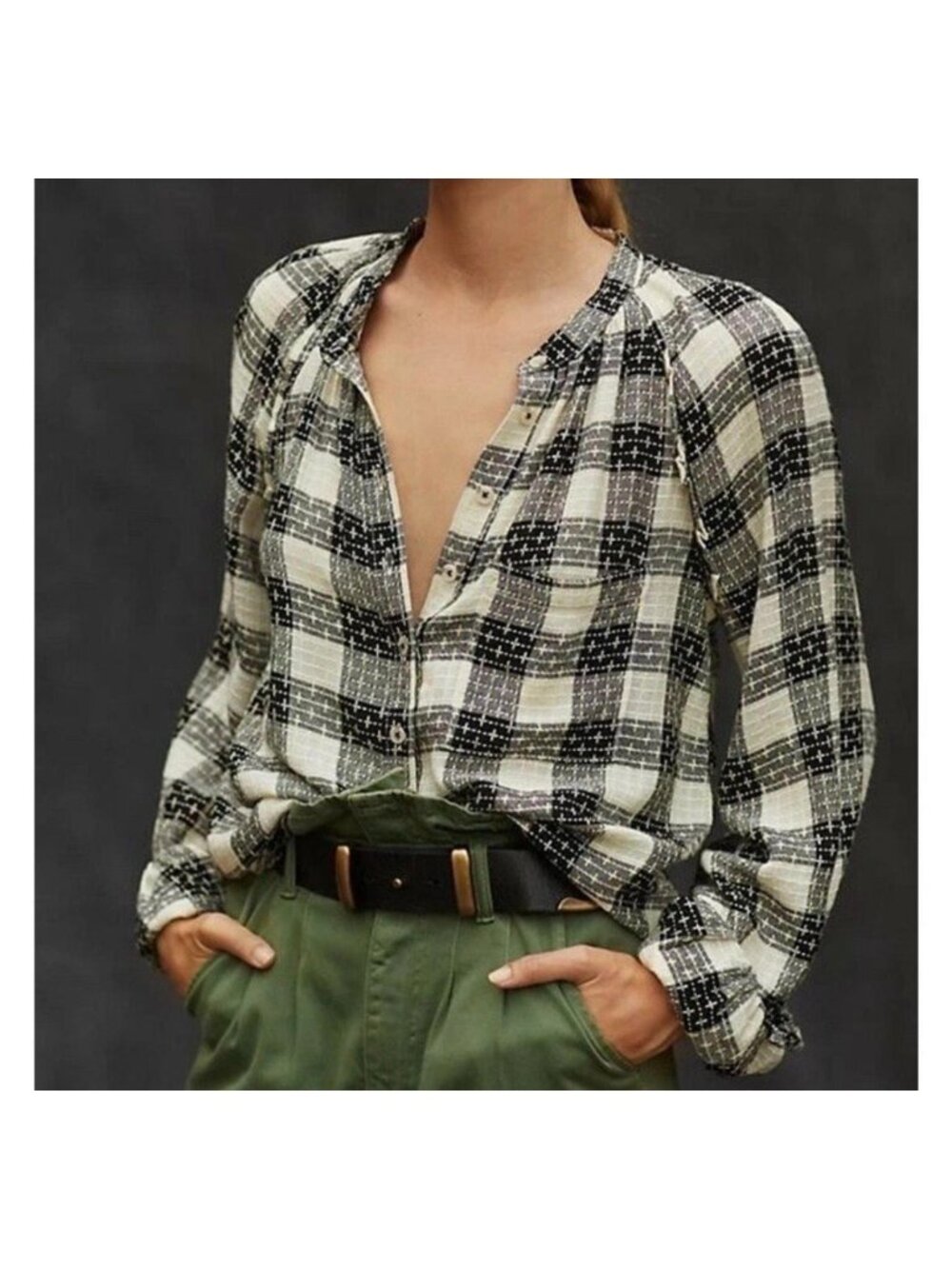 Anthropologie Pilcro Breezy Black Cream Plaid Button Front Blouse Size Medium